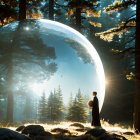 Person in mystical forest gazes at large transparent bubble around towering tree