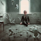 Surreal bald man surrounded by broken crockery and ominous items