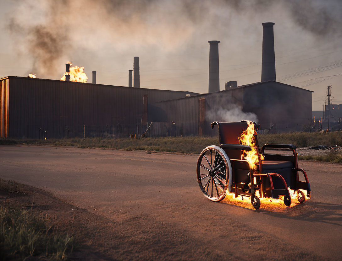 Flaming wheelchair and industrial plant at dusk