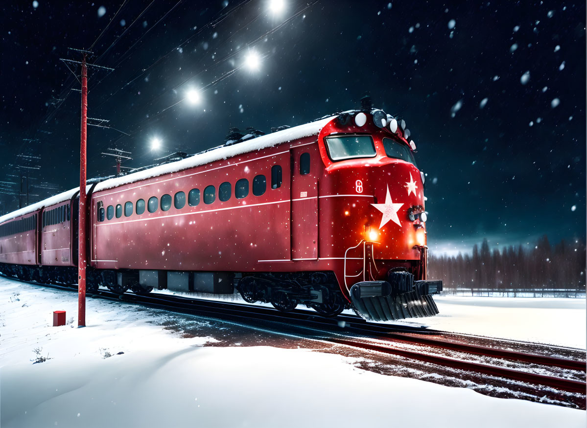 Red train with star emblem in snowy night landscape