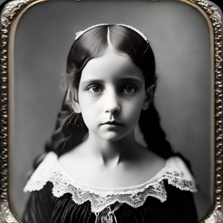 Young girl in vintage-style portrait with piercing eyes and lace collar, framed in ornate oval frame