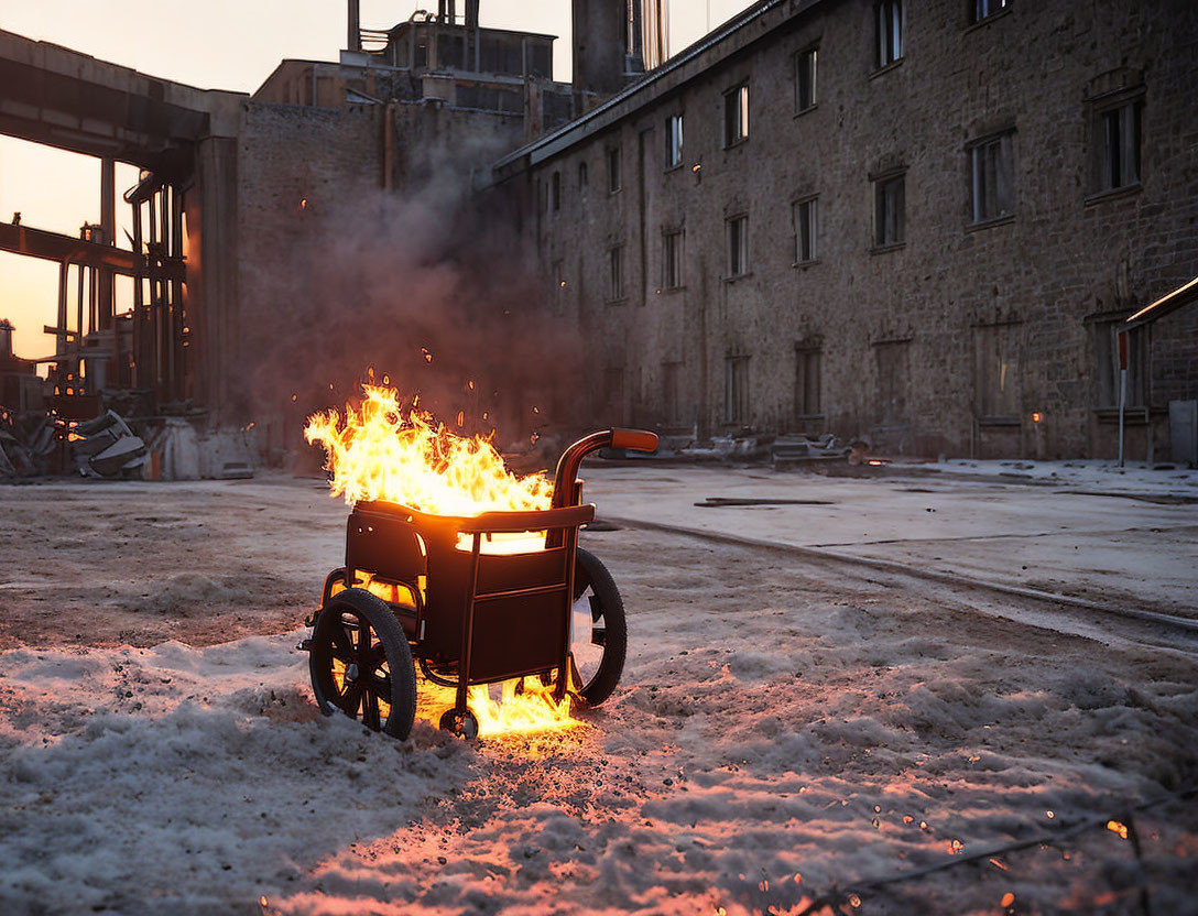 Flaming wheelbarrow in snowy twilight with industrial buildings.