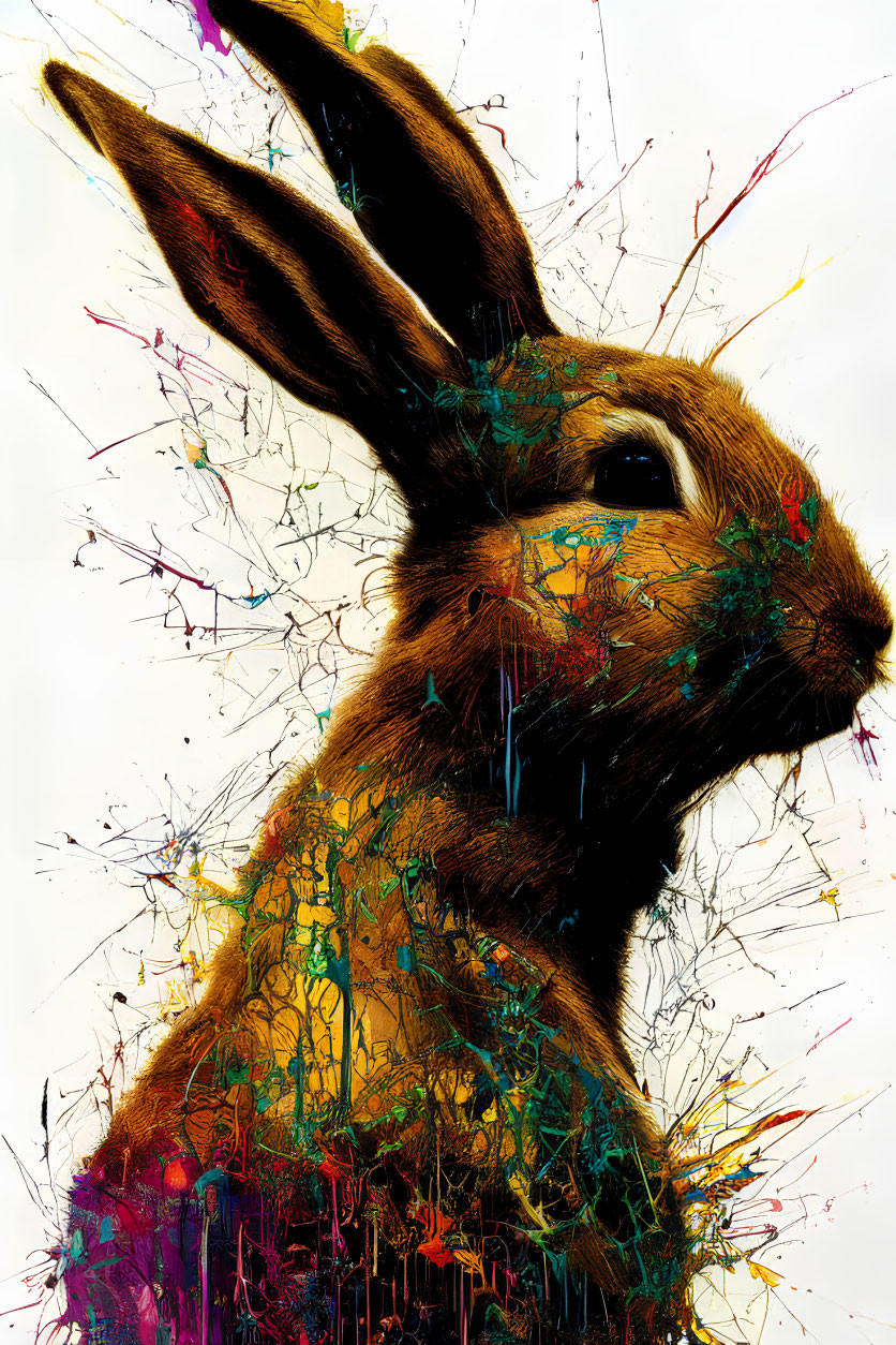 Colorful Abstract Rabbit Painting with Splattered Ink Texture