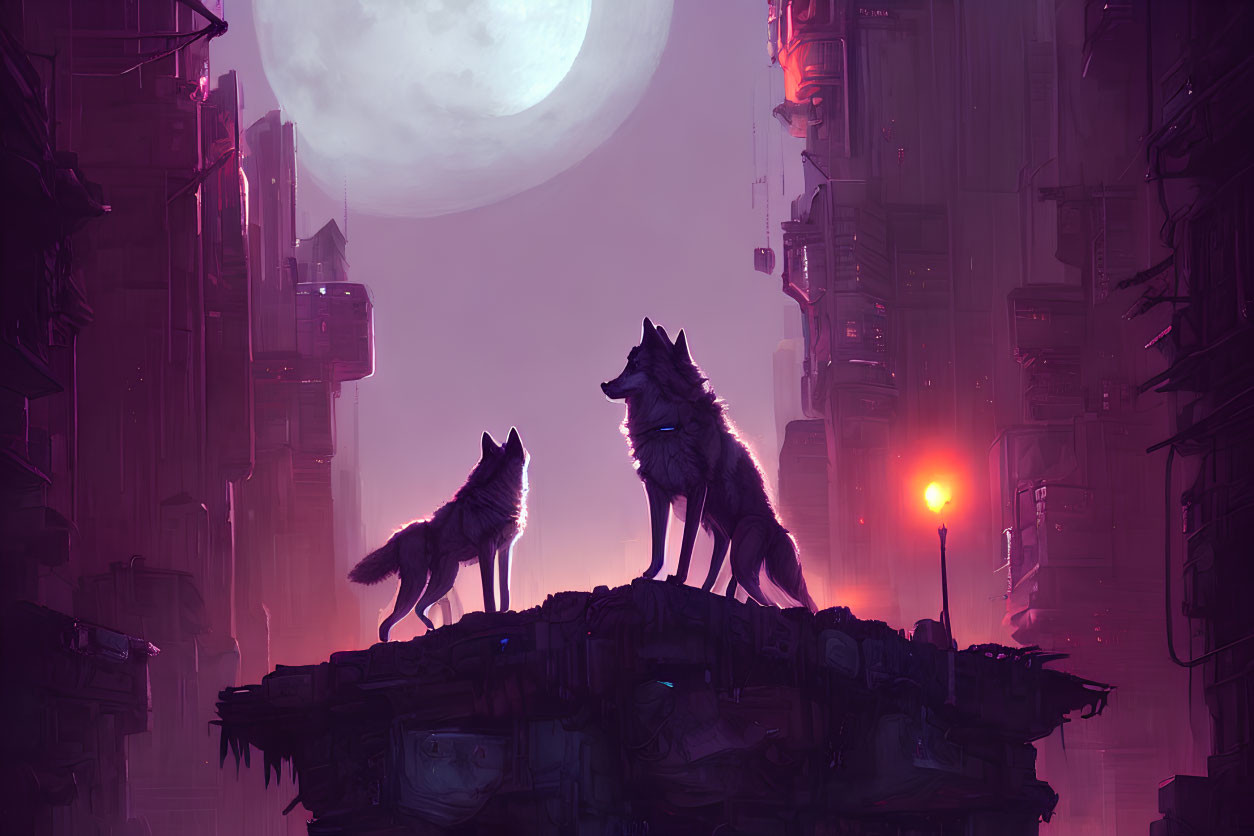 Two wolves on rocky outcrop overlooking futuristic cityscape at night