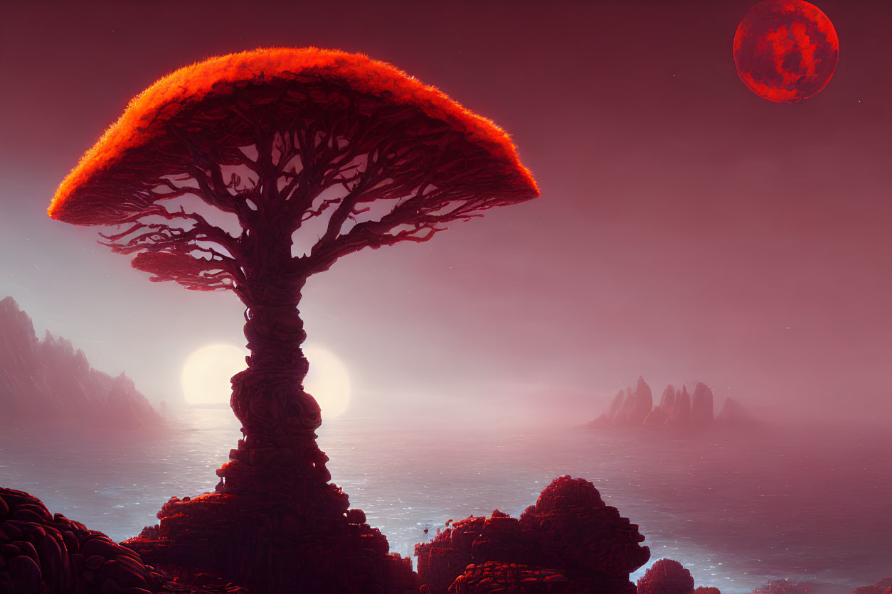 Surreal landscape with giant luminous tree, red moon, and setting sun