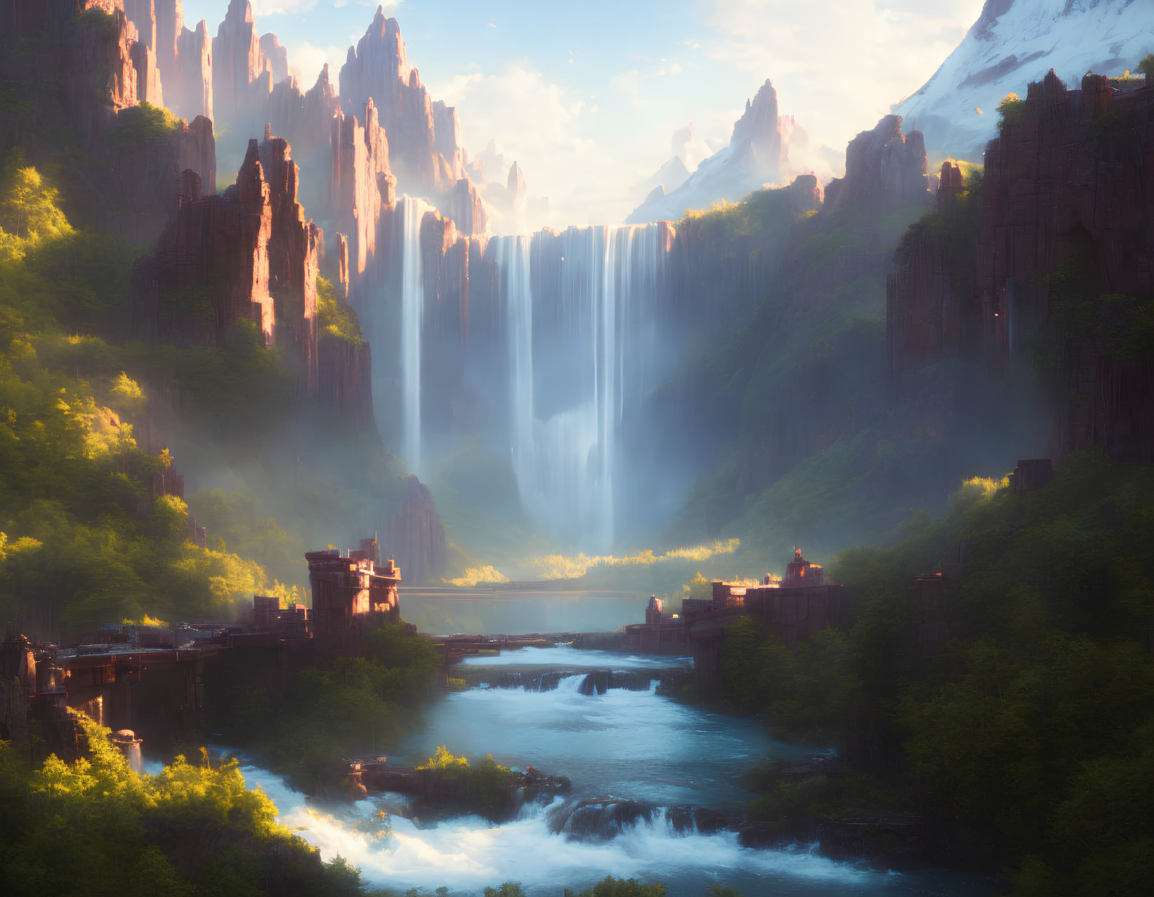 Sunlit cliffs and majestic waterfall in ancient castle landscape
