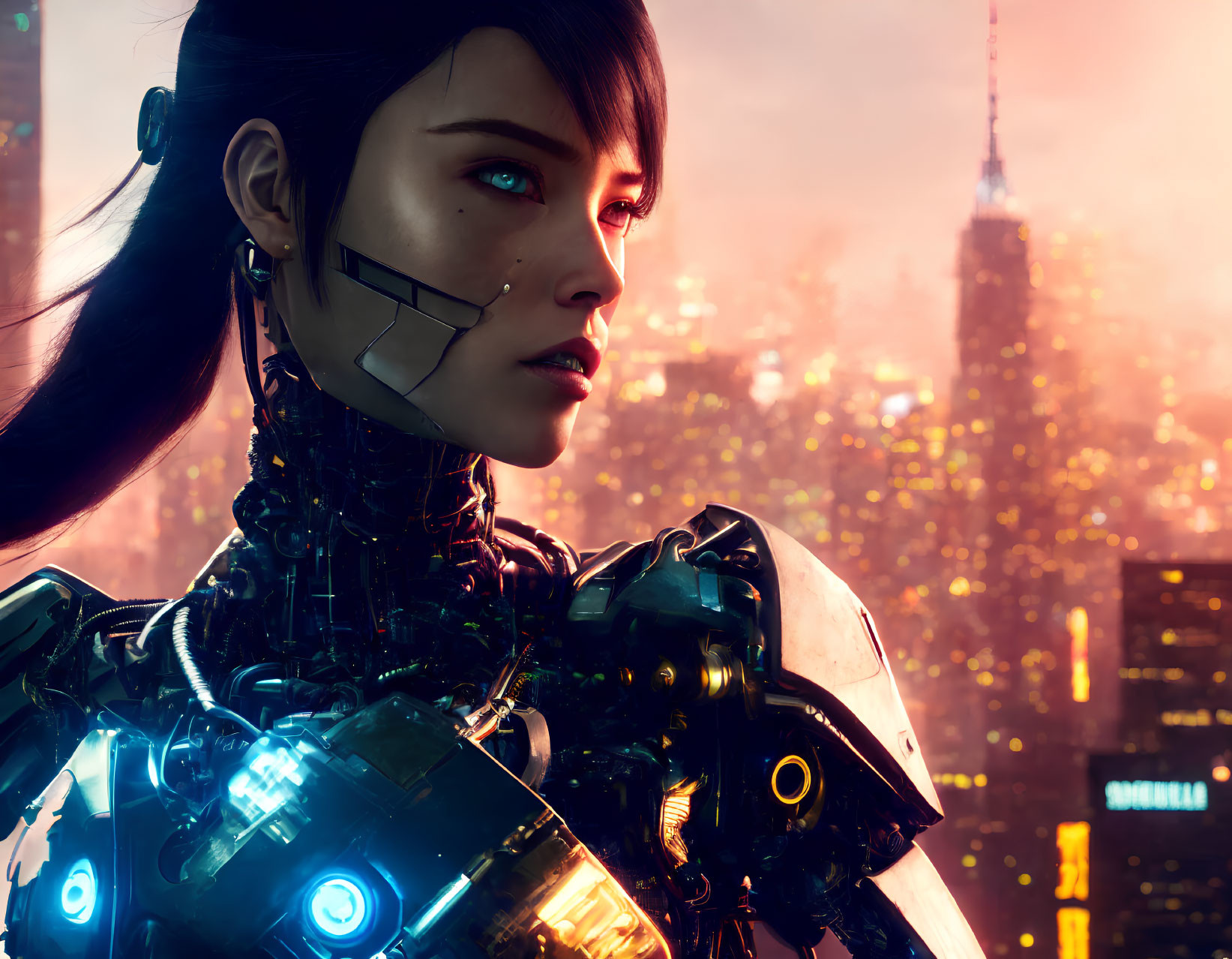 Detailed Female Cyborg Portrait with Glowing Blue Lights in Futuristic Cityscape