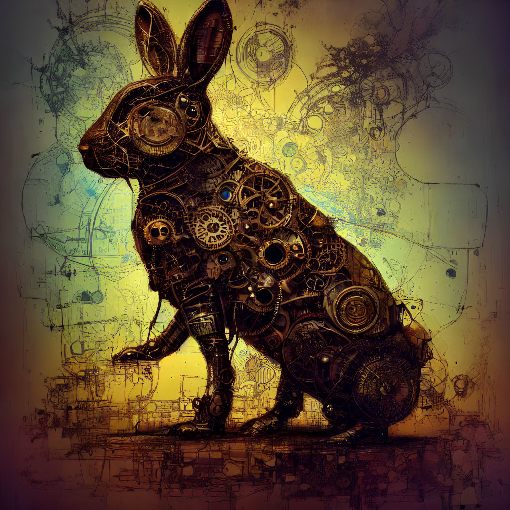 Steampunk-style Rabbit Illustration with Gears and Mechanical Parts