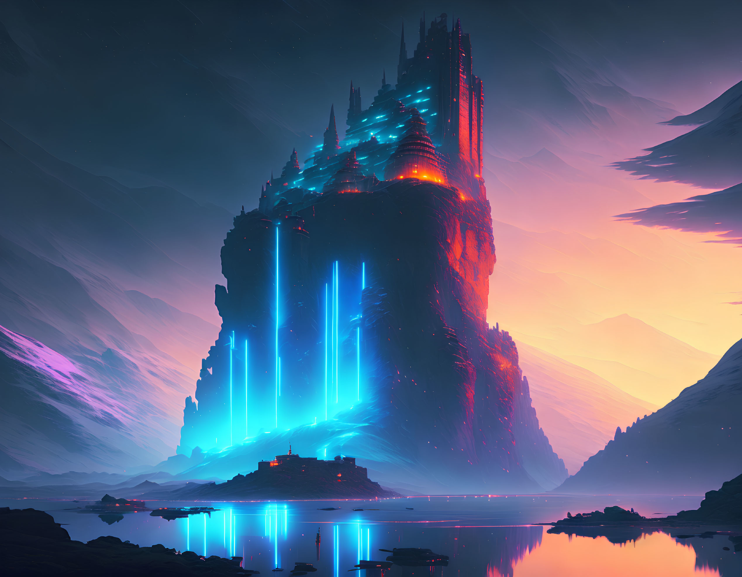 Futuristic neon-lit castle on cliff with twilight sky reflection