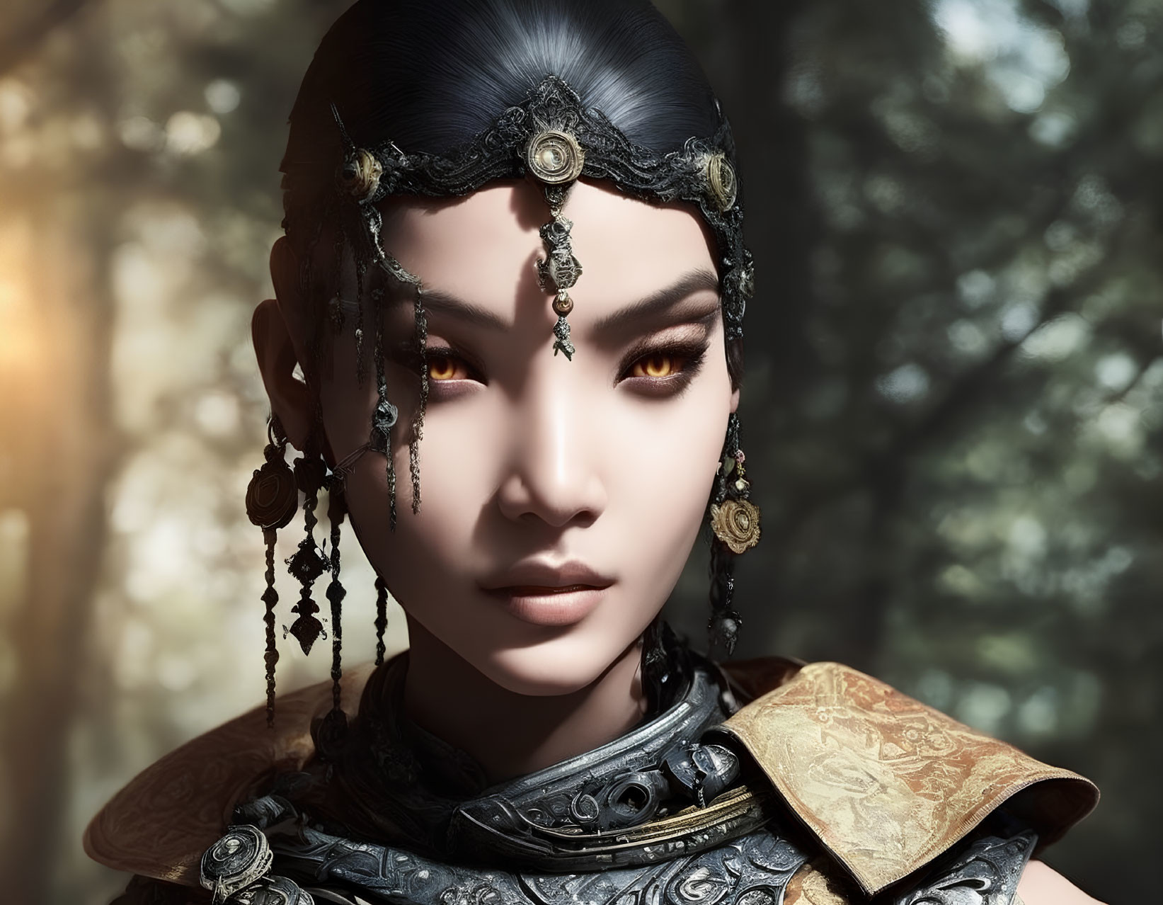 Detailed Armor and Striking Makeup Portrait in Forest Setting