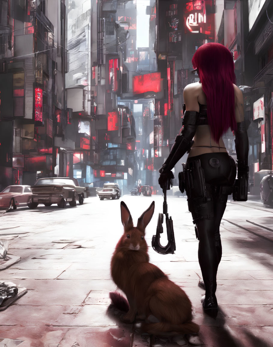 Crimson-haired woman with cybernetic limbs in neon-lit alley with brown rabbit