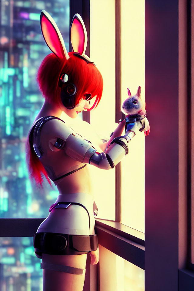 Futuristic humanoid figure with rabbit ears holding creature by city window
