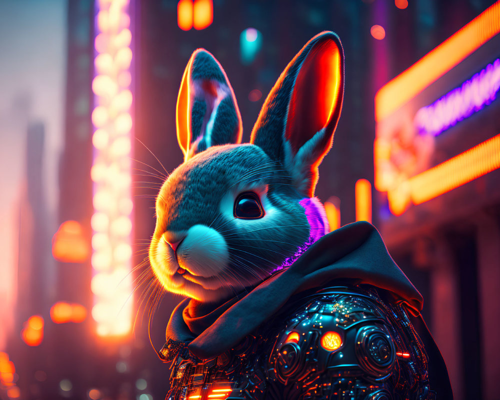 Futuristic robotic rabbit with glowing eyes in neon-lit urban setting