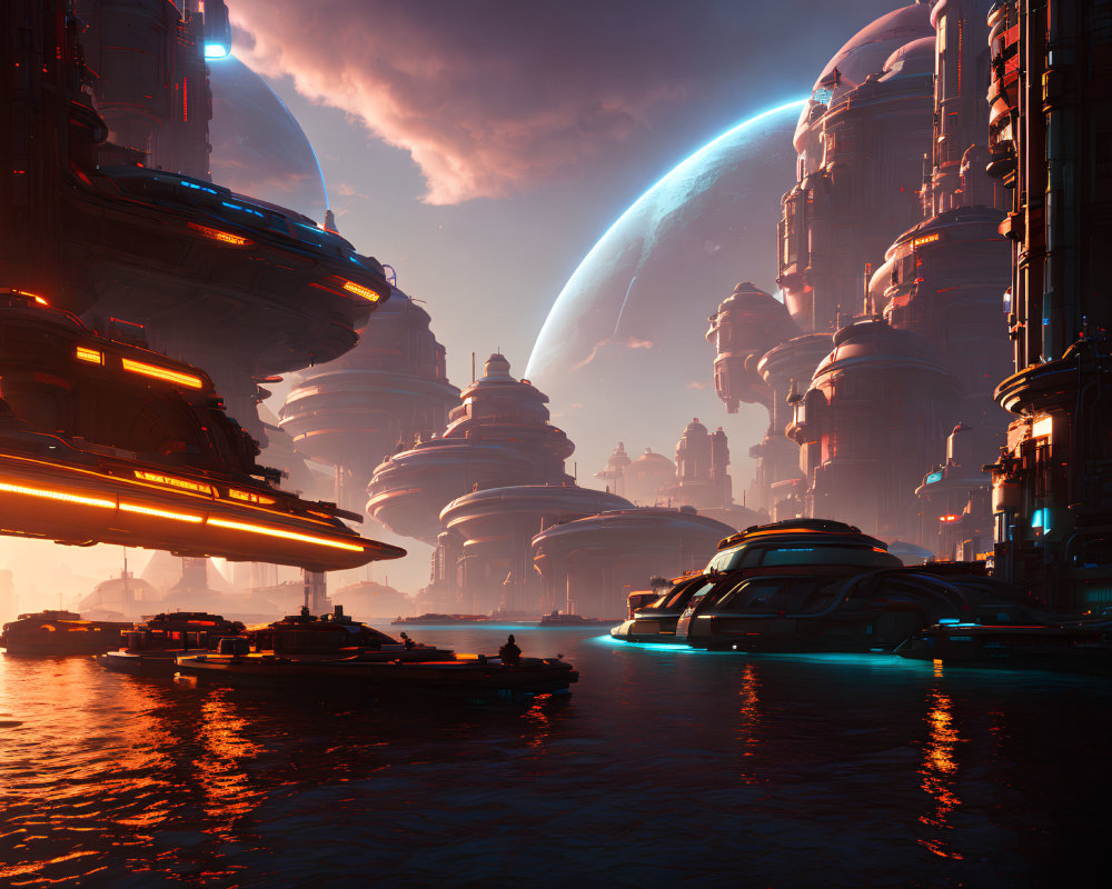 Futuristic cityscape at sunset with towering structures, spacecraft, waterways, and a large planet