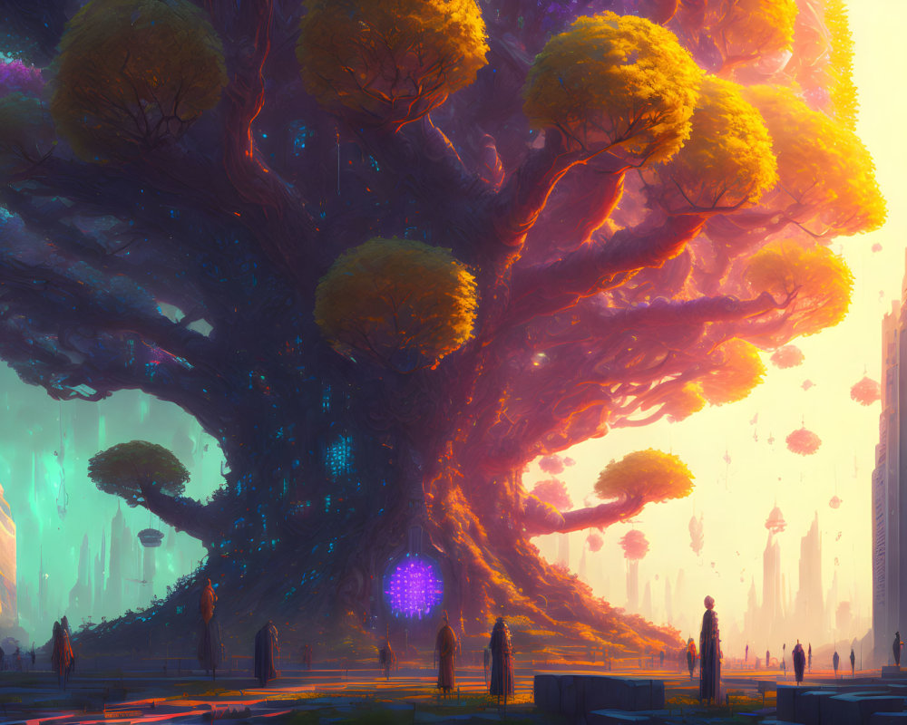 Enormous glowing tree in fantastical cityscape at sunset