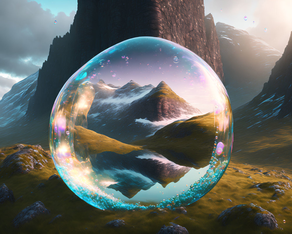 Iridescent bubble encapsulates mountain landscape