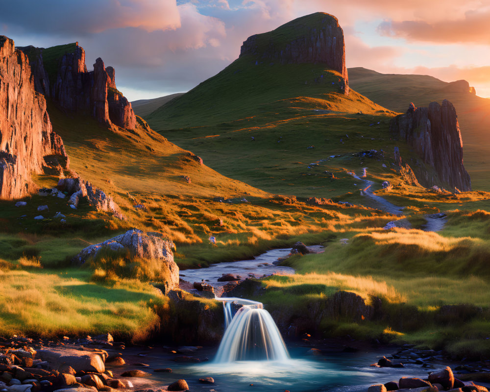 Tranquil sunset landscape with waterfall, stream, cliffs, and hill