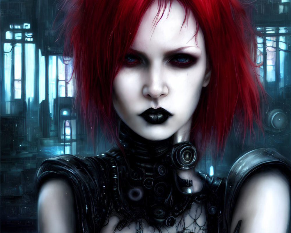 Digital artwork: Woman with red hair, cybernetic enhancements, gothic makeup, in futuristic city