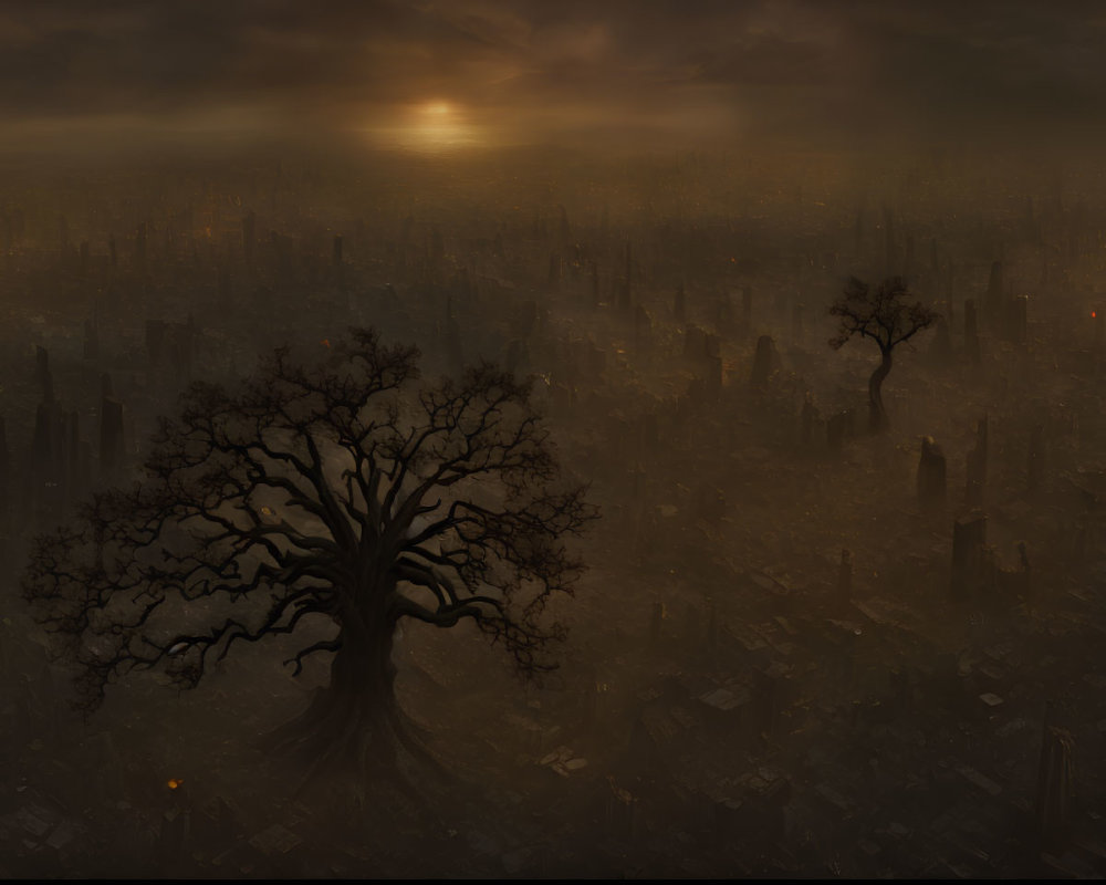 Dystopian landscape with solitary tree and ruins under dim sunset