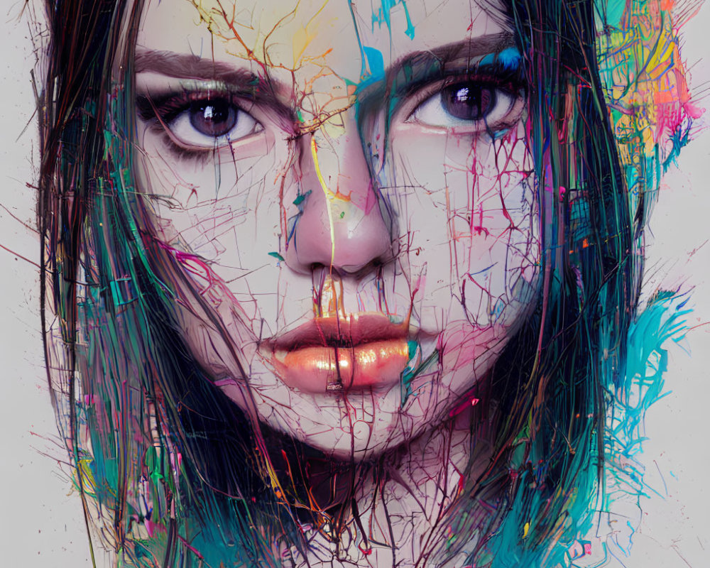 Multicolored Paint Splashes on Woman's Face Artwork
