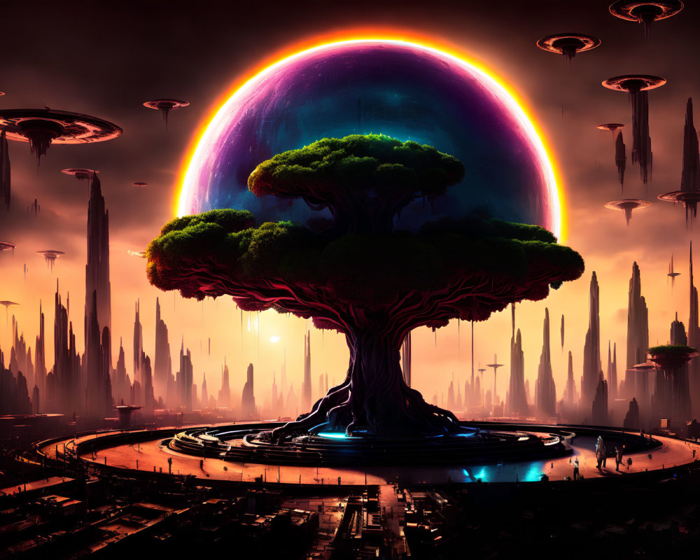 Futuristic cityscape with towering spires, rainbow dome, and flying crafts