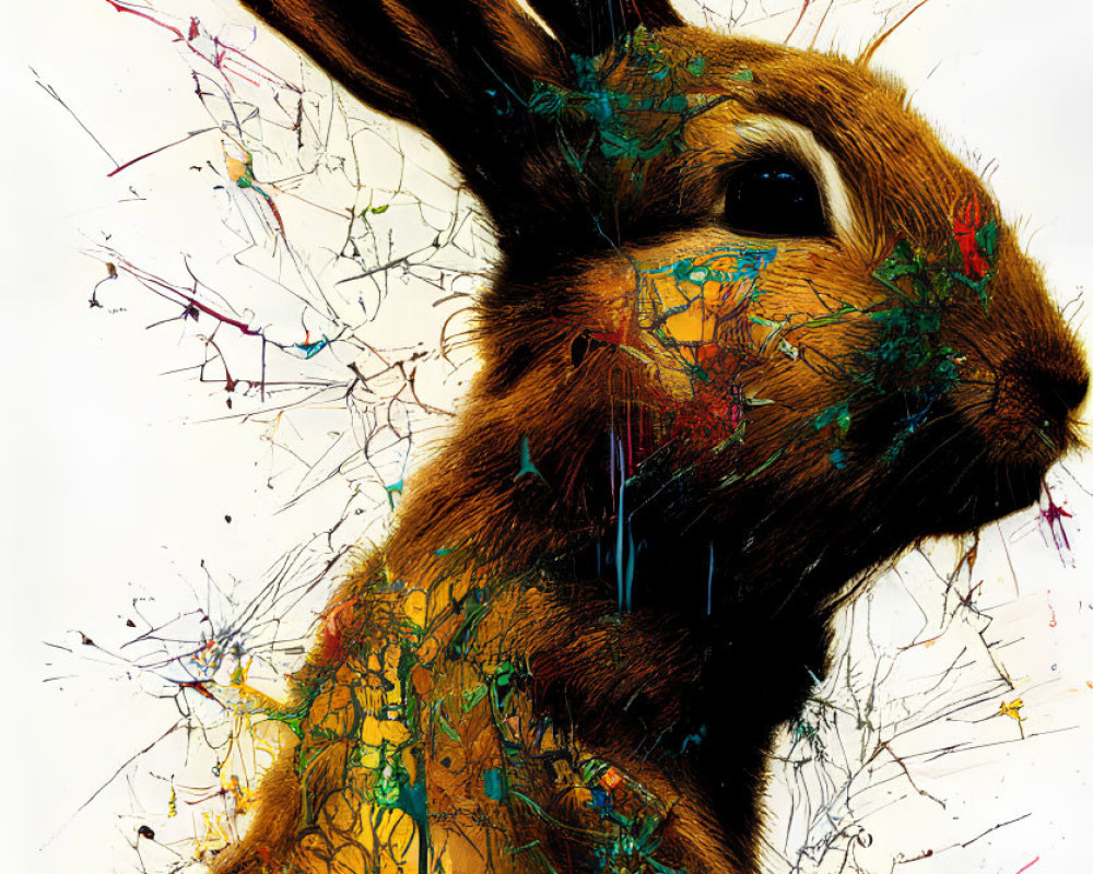Colorful Abstract Rabbit Painting with Splattered Ink Texture