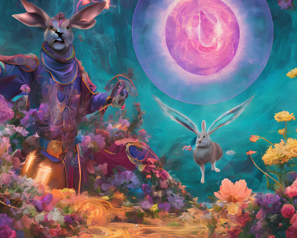 Mystical anthromorphic rabbit in ornate armor amid vibrant floral landscape
