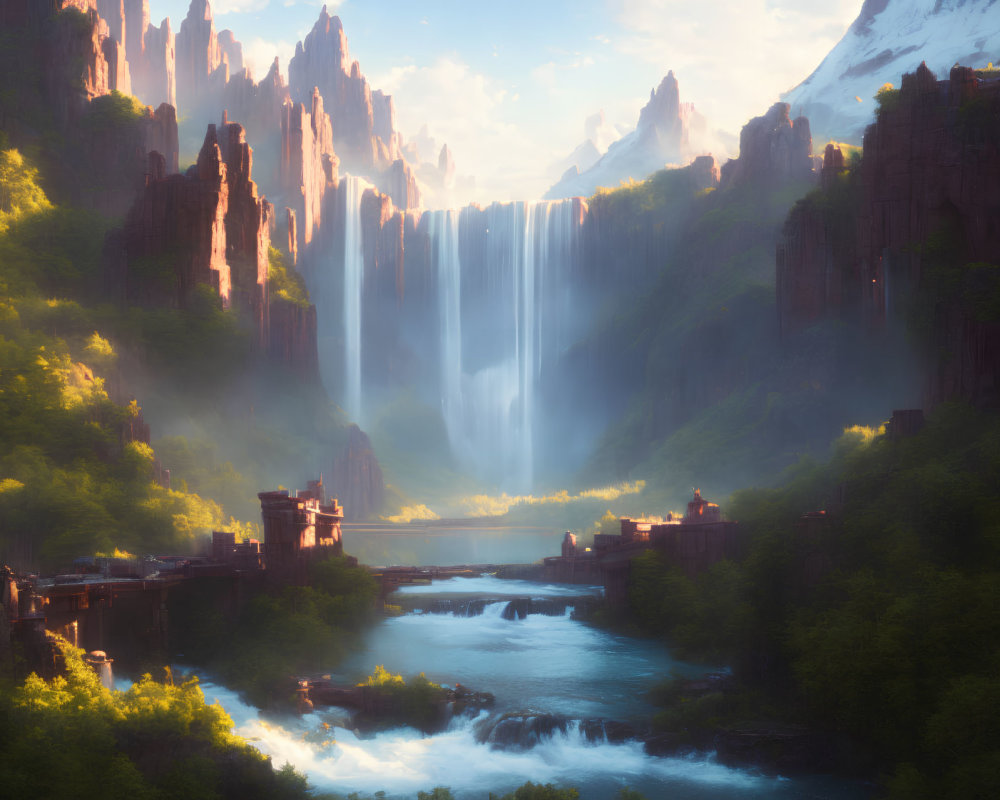 Sunlit cliffs and majestic waterfall in ancient castle landscape