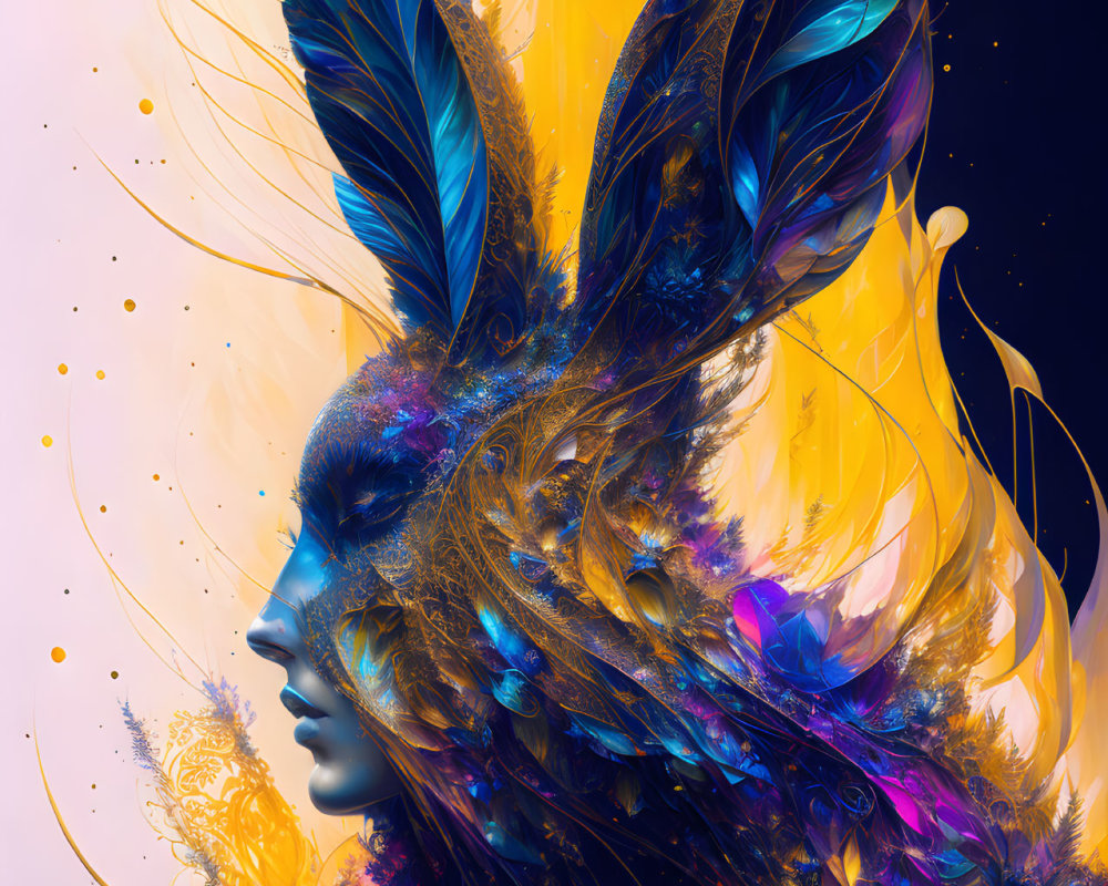 Colorful digital artwork: Woman's profile with feather-like hair embellishments on abstract background