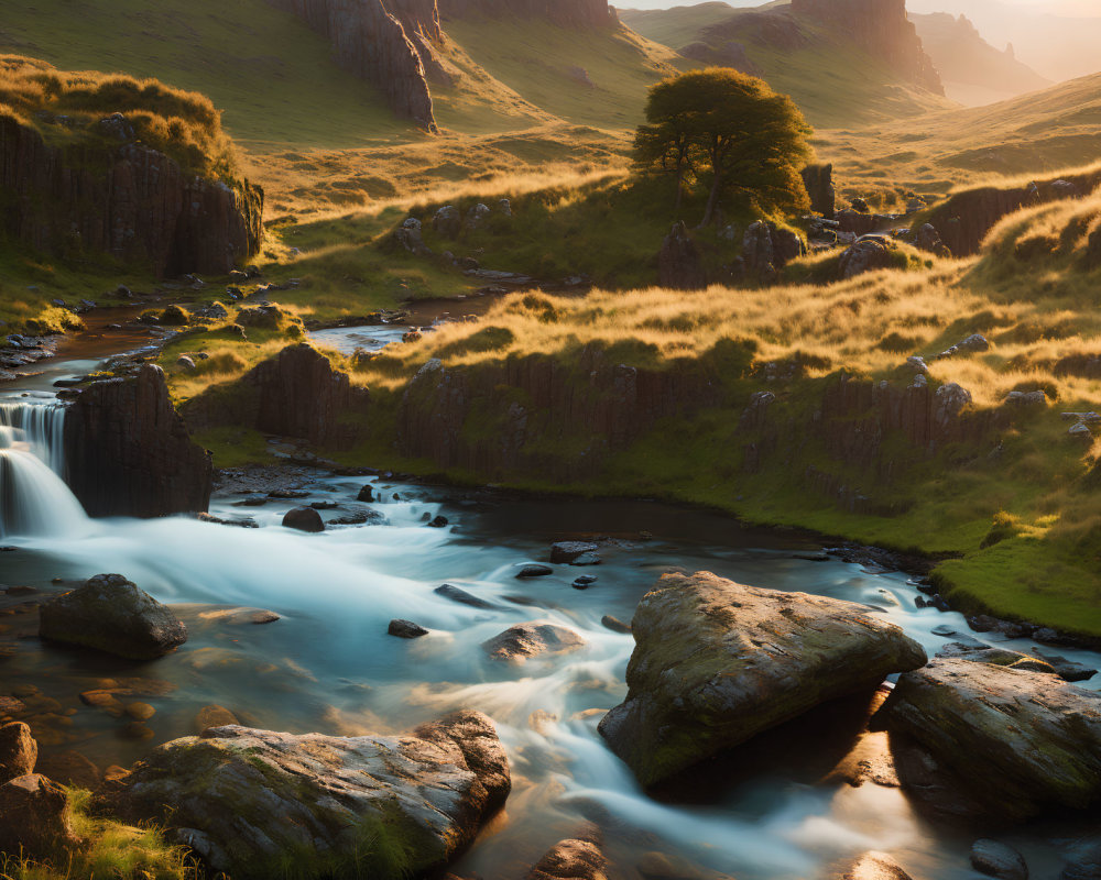 Sunset river landscape with rocky terrain and golden light