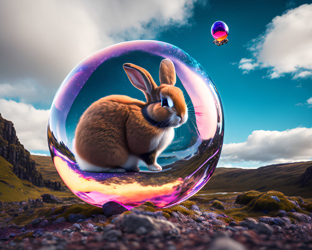 Brown rabbit in cosmic bubble on rocky terrain with floating bubble in sky
