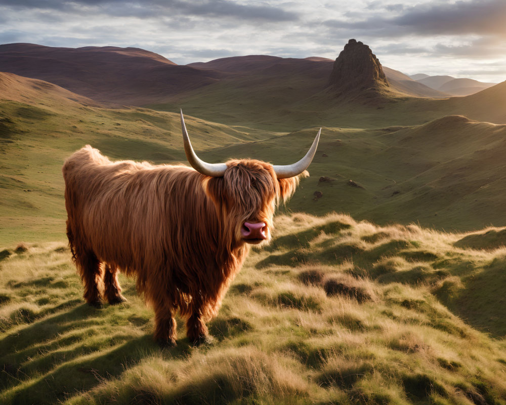 Highland cow on grassy hill with mountain backdrop