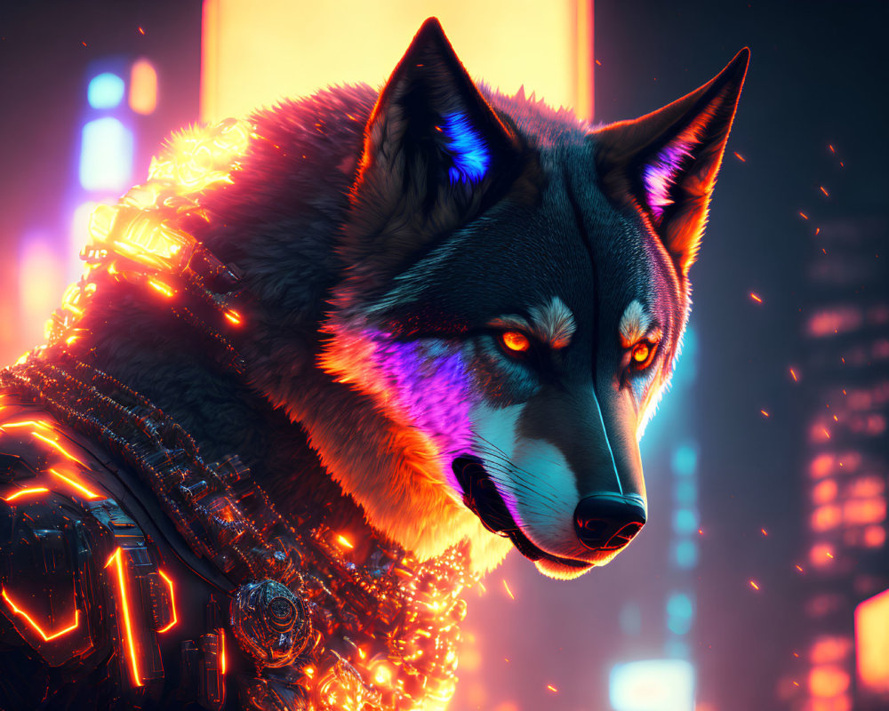 Glowing-eyed cybernetic wolf in futuristic city backdrop
