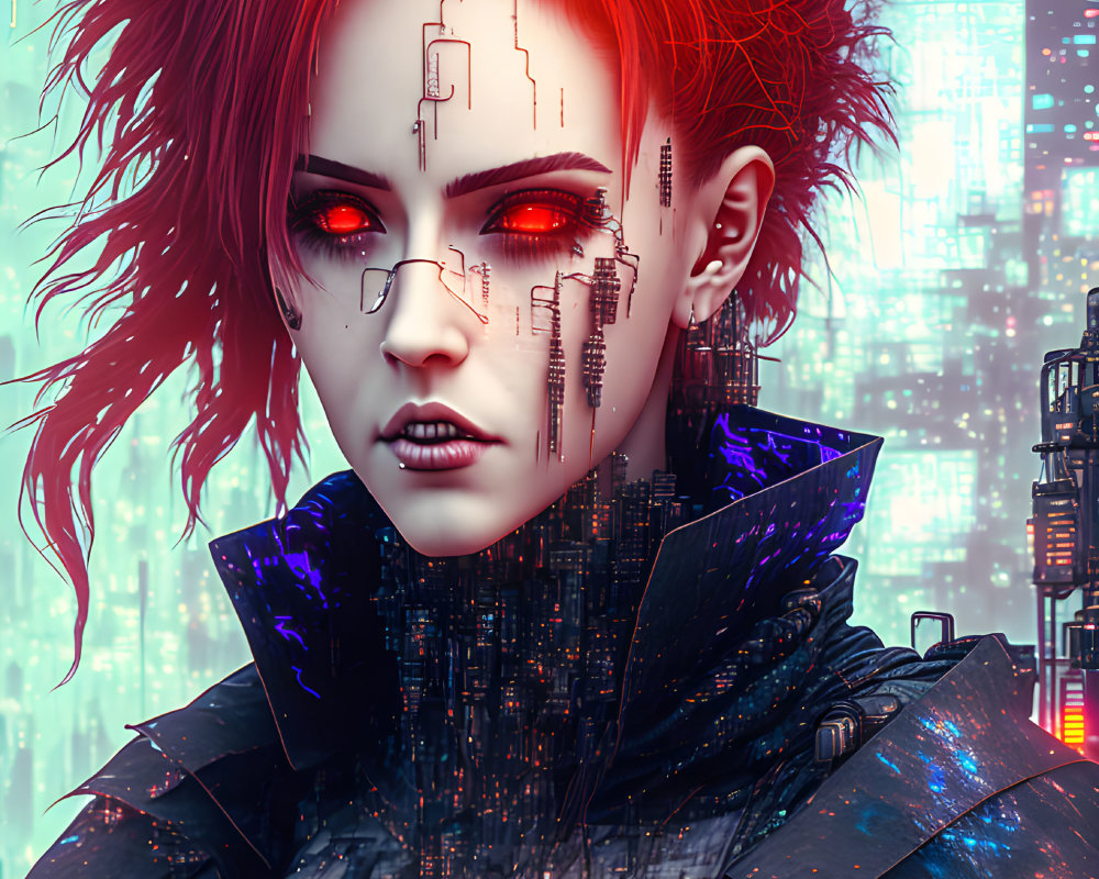 Futuristic female figure with red hair and cybernetic enhancements in neon-lit cityscape