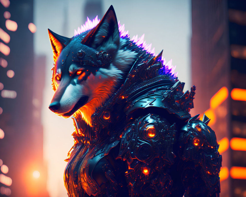 Mechanized wolf art in intricate armor against neon cityscape at dusk