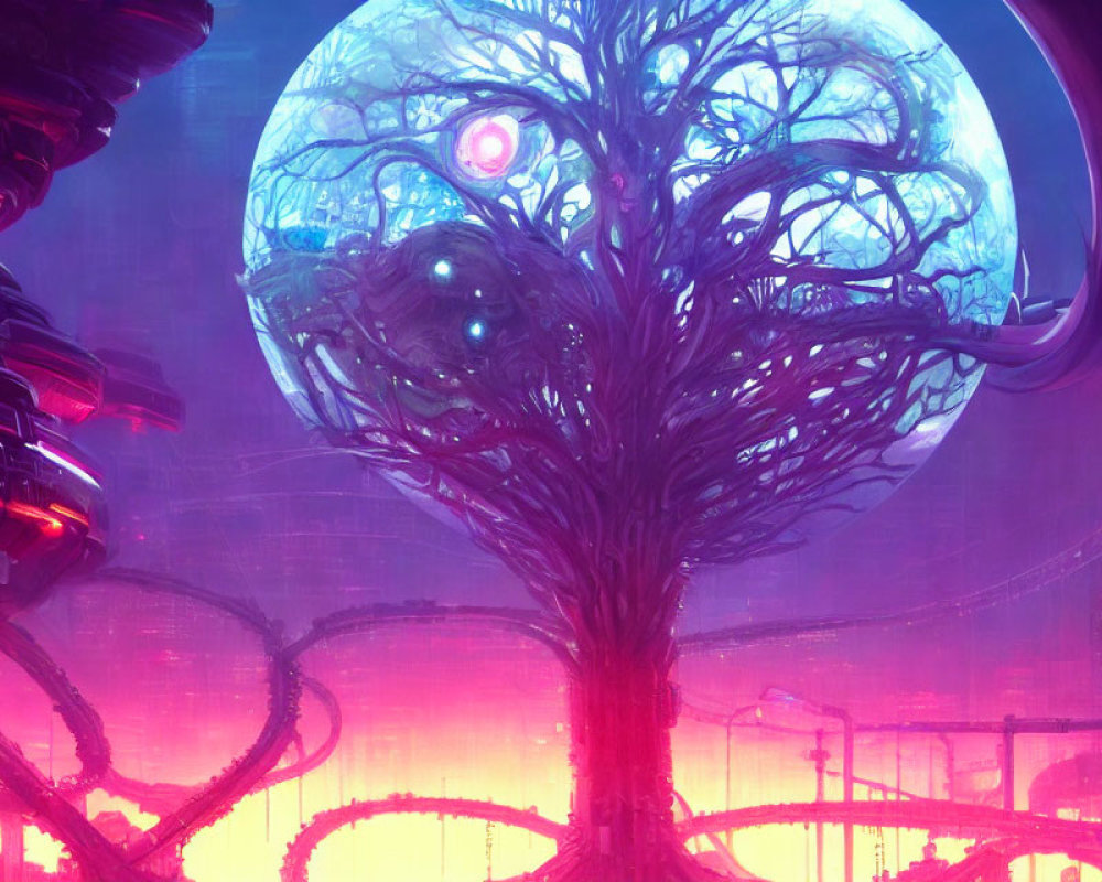 Detailed Sci-Fi Landscape with Intricate Tree, Massive Moon, Futuristic Structures, and Pinkish-P