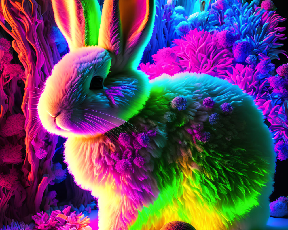 Colorful Rabbit Surrounded by Psychedelic Coral Structures