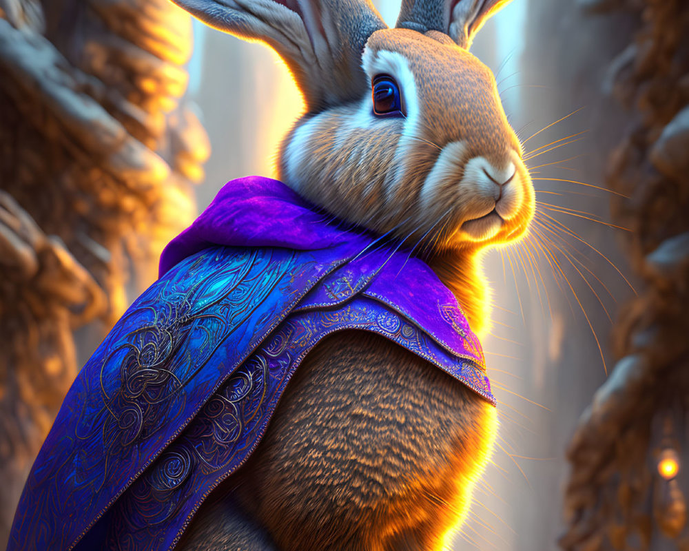 Anthropomorphic rabbit in blue cape in golden forest