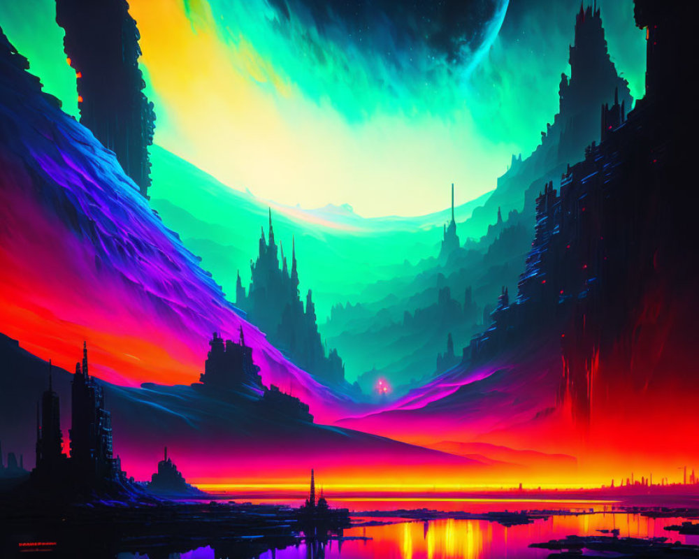 Alien landscape with neon hues, futuristic structures, and aurora sky