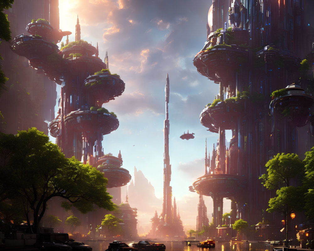 Futuristic cityscape with skyscrapers, flying vehicles, and lush greenery at sunset