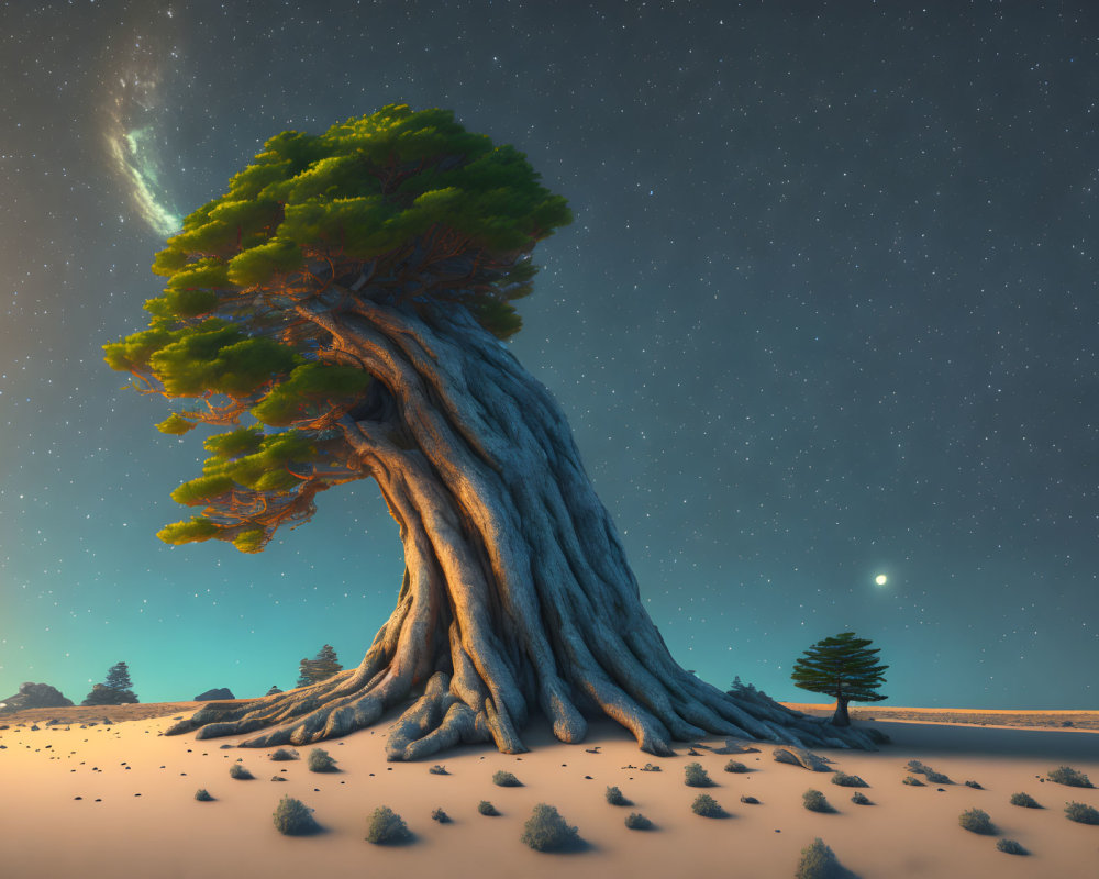Twisted ancient tree under starry night sky with comet in desert landscape
