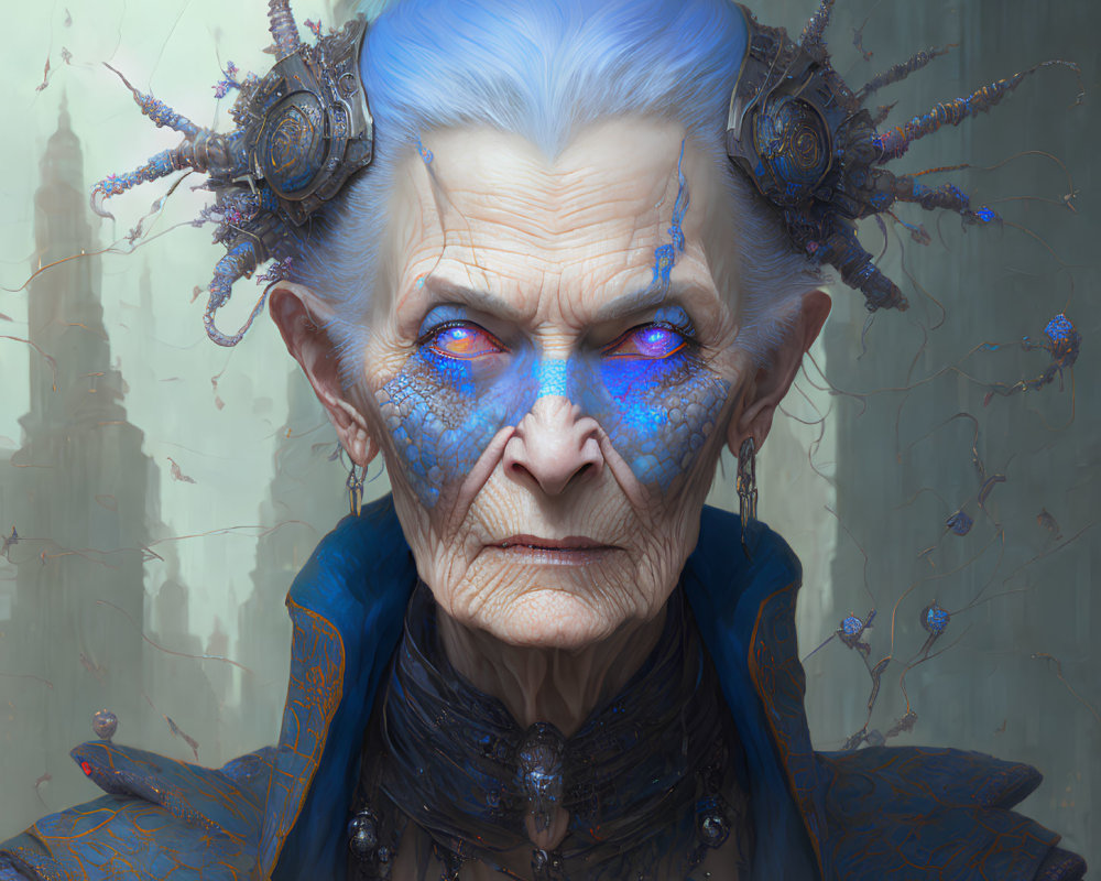 Elderly Woman Digital Portrait: Blue Skin, Intricate Headdress, Piercing Eyes