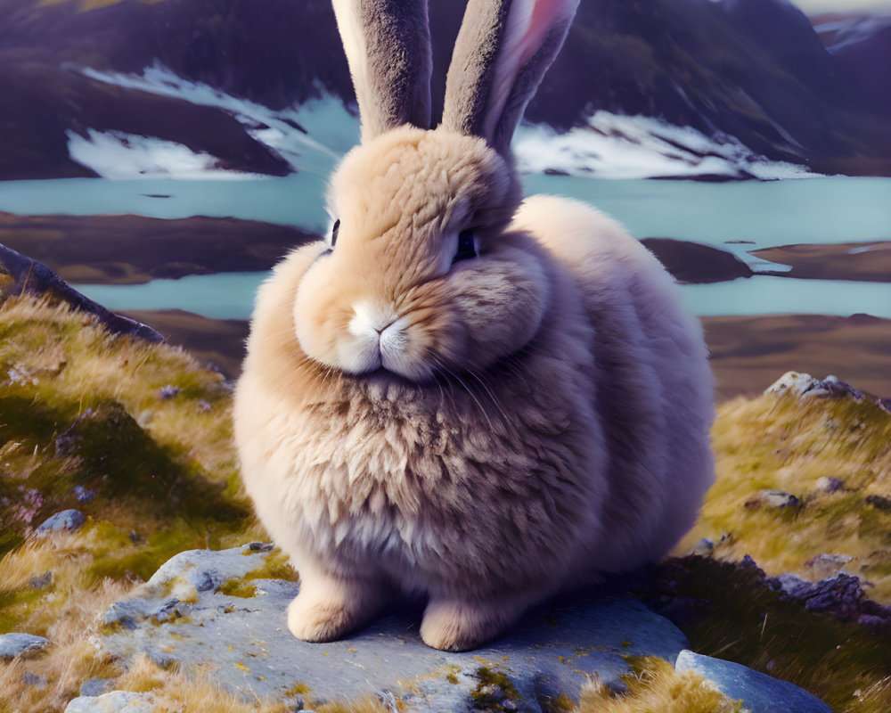Fluffy brown rabbit on rock with snow-capped mountains and lake scenery