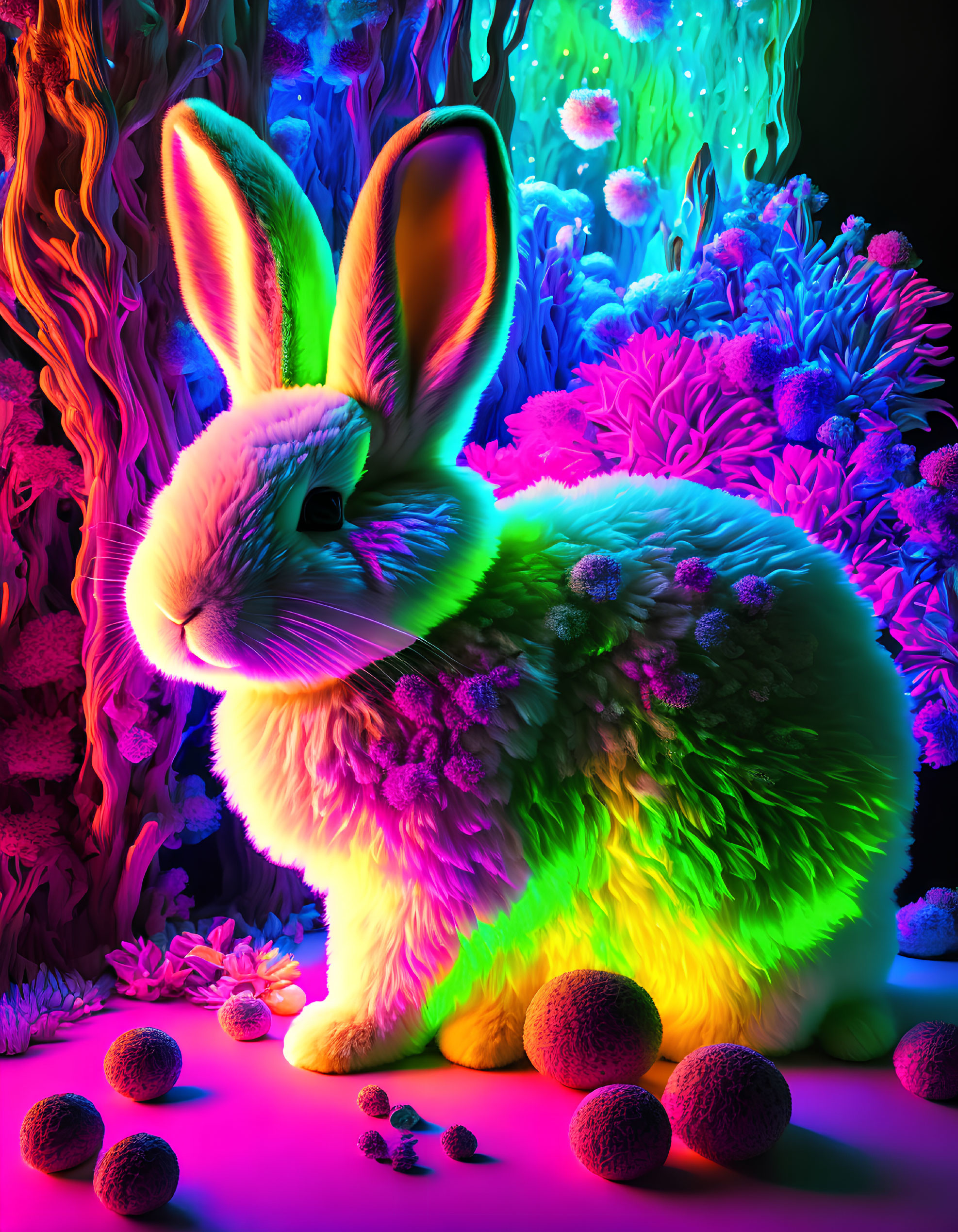 Colorful Rabbit Surrounded by Psychedelic Coral Structures