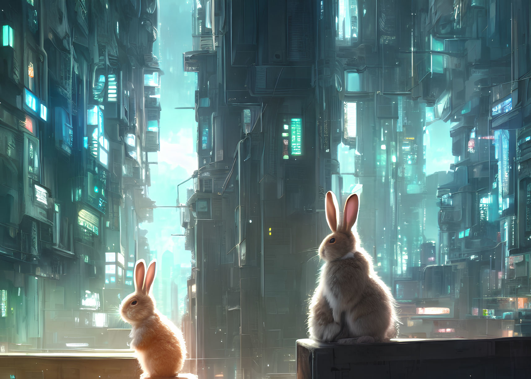 Futuristic cityscape with rabbits under twilight sky