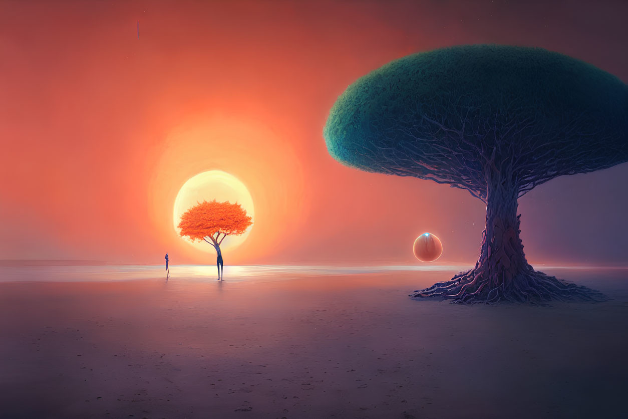 Surreal landscape with unique trees, person, and glowing orb under radiant sun