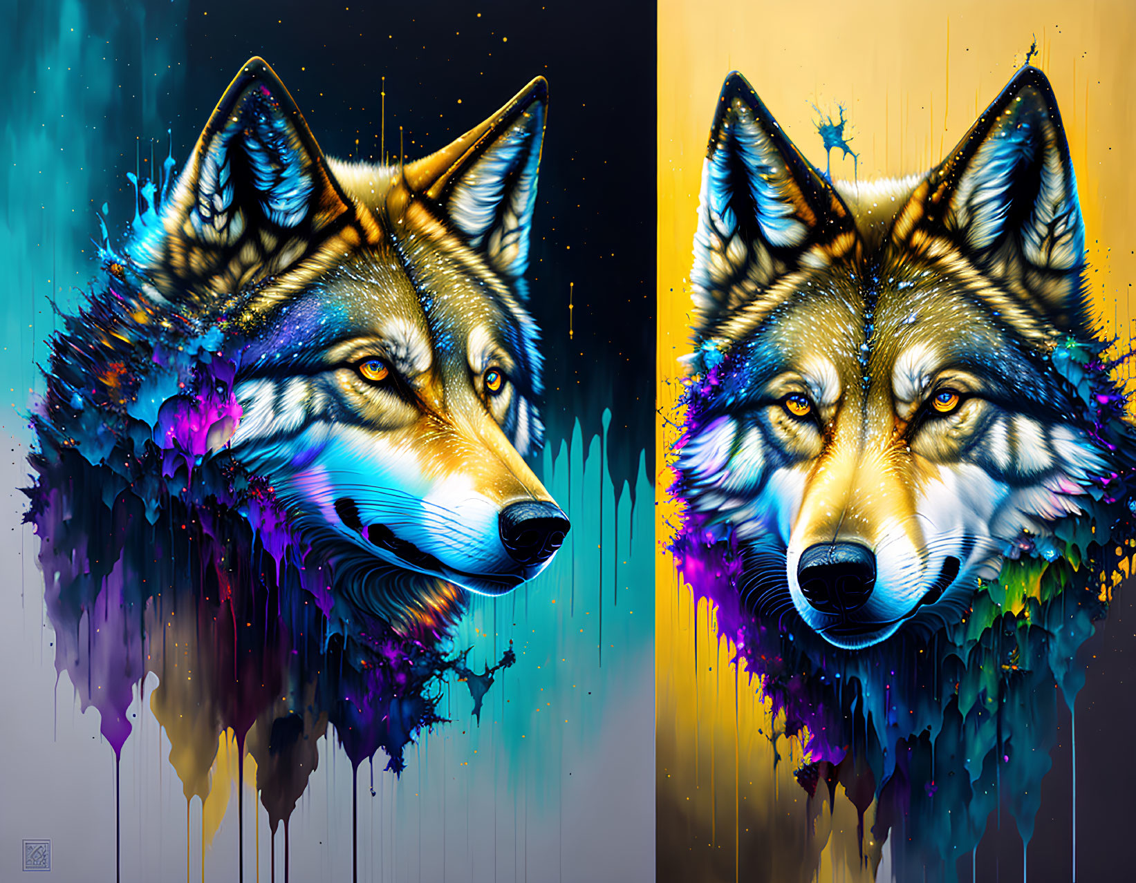 Vibrant colorful digital wolf portraits with abstract paint design