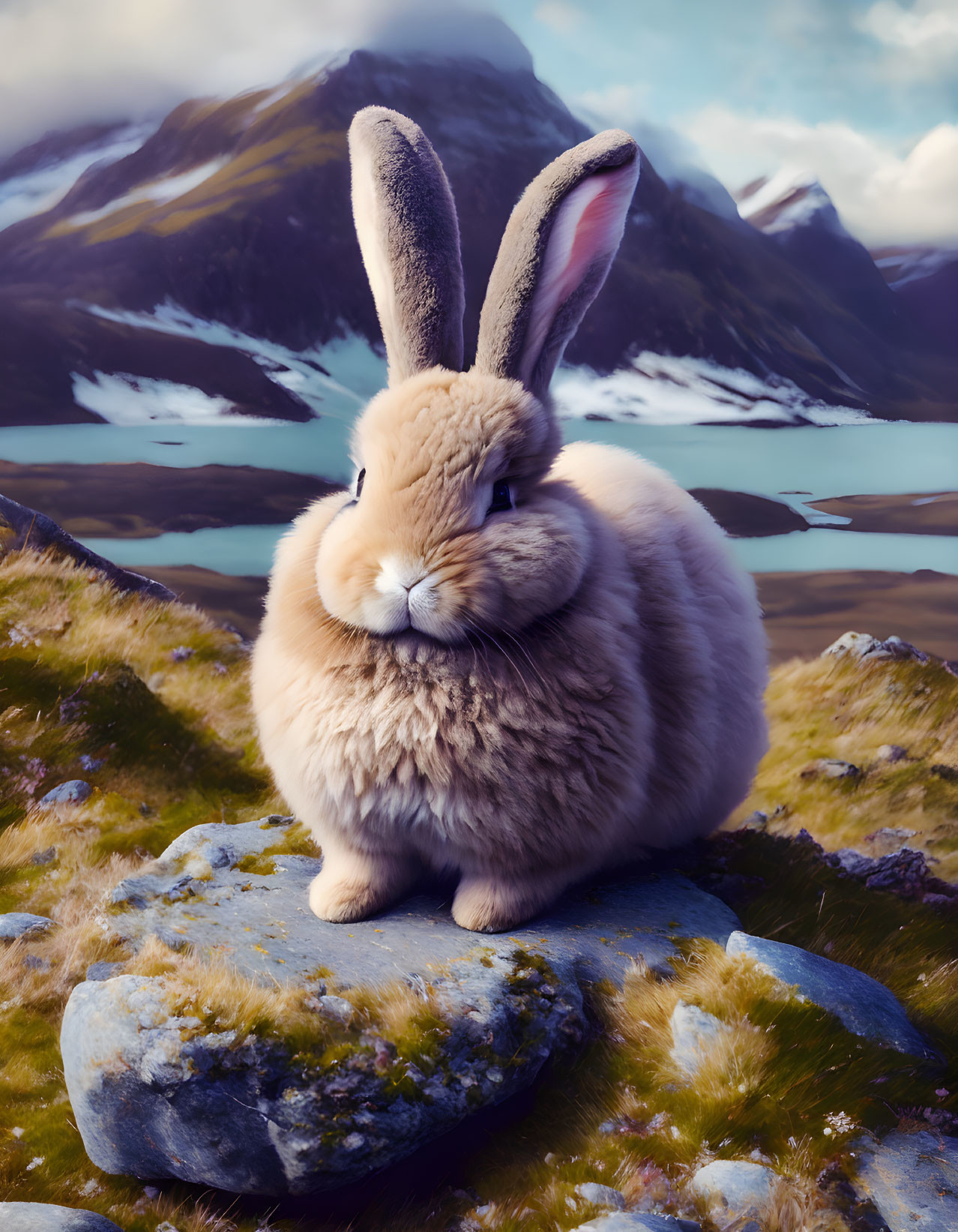 Fluffy brown rabbit on rock with snow-capped mountains and lake scenery