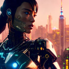 Detailed Female Cyborg Portrait with Glowing Blue Lights in Futuristic Cityscape