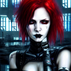Digital artwork: Woman with red hair, cybernetic enhancements, gothic makeup, in futuristic city